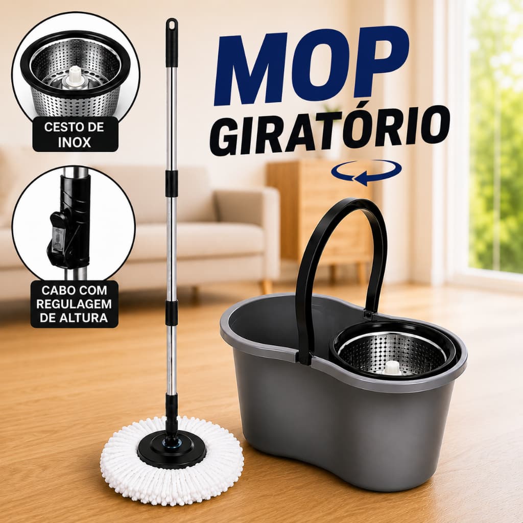 Mop Giratório Balde 9L Cesto Inox Esfregão Centrifuga Limpeza Multiuso