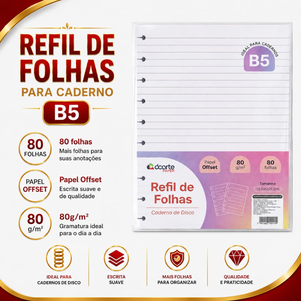 Refil Caderno de Disco 80 Folhas B5 10 Discos Pautado FWB Escolar Universitário