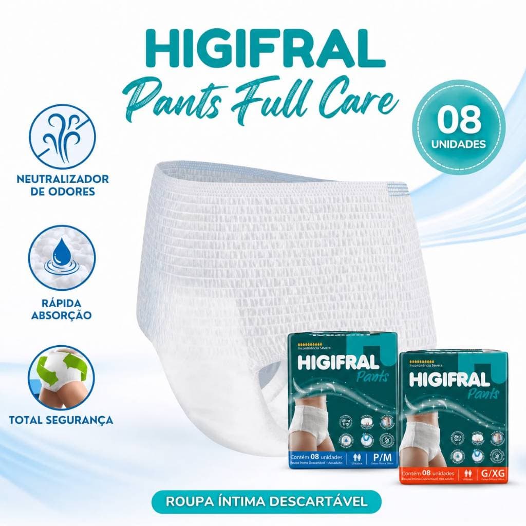 Fralda Geriátrica Higifral Pants 8 ou 16 Unidades Pós Parto Descartável Unissex Calcinha Cueca Full Care P/M G/XG