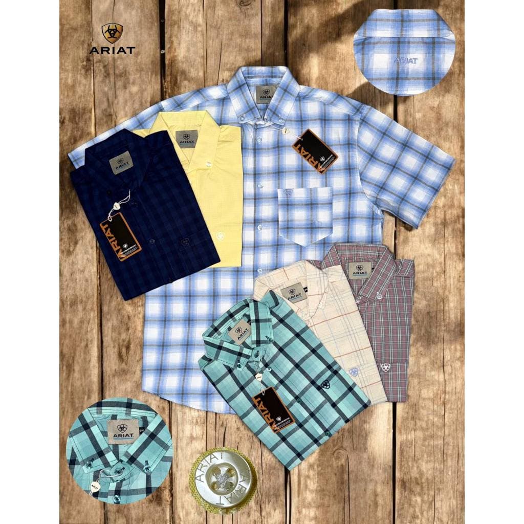 Camisa Country Ariat Masculina Manga Curta Xadrez Premium 100% Algodão Fio Tinto Rodeio Peão Cowboy Bordada P ao G1