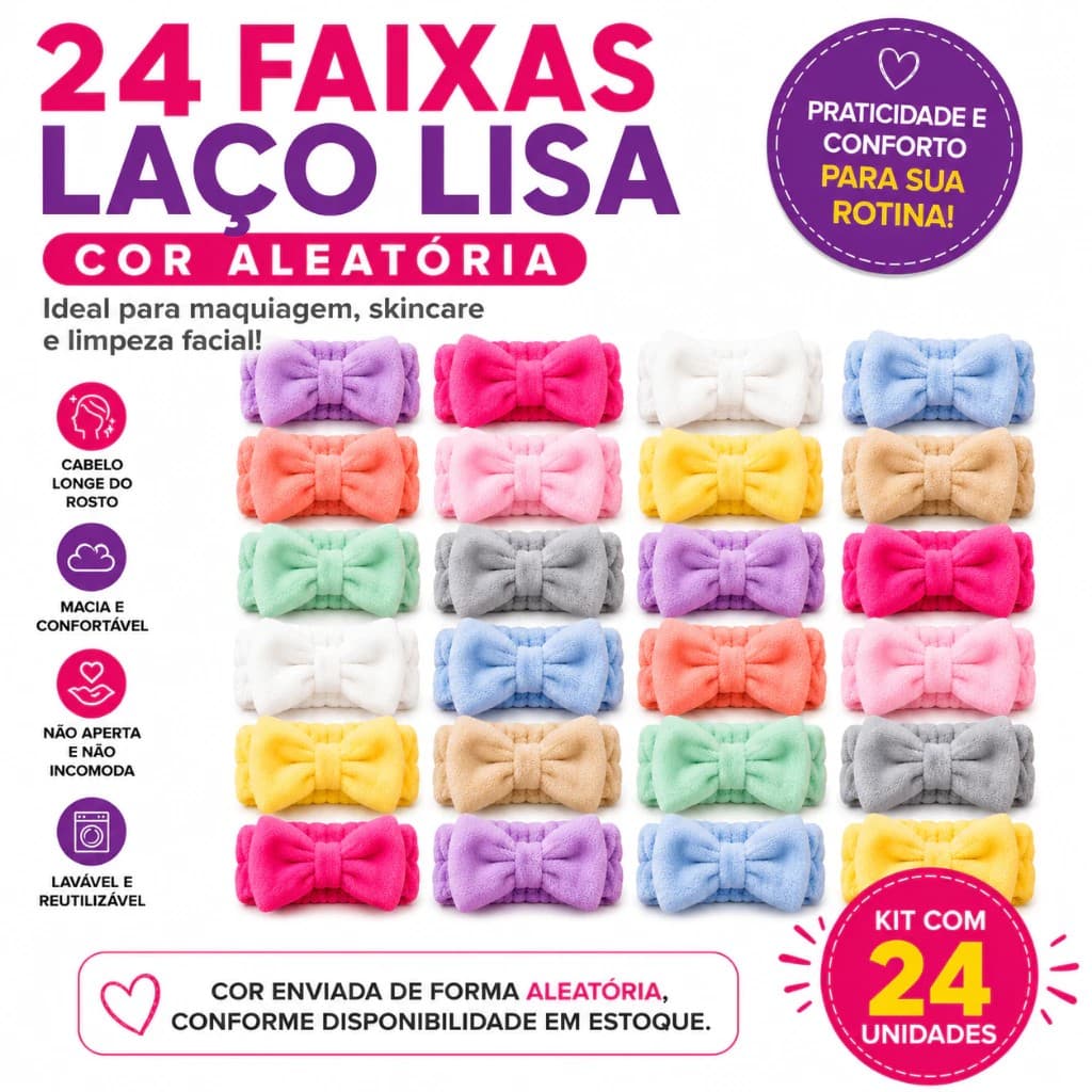 KIT 24 Faixa Laço de Maquiagem – SKINCARE, Limpeza Facial e AUTOCUIDADO Makeup Rosto Limpo