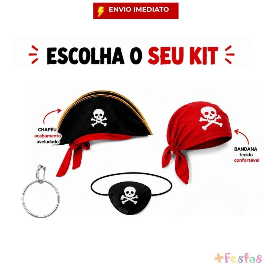 Kit Acessórios Fantasia Pirata Infantil Chapéu Bandana Tapa Olho Argola Brinco Festa Menino Menina