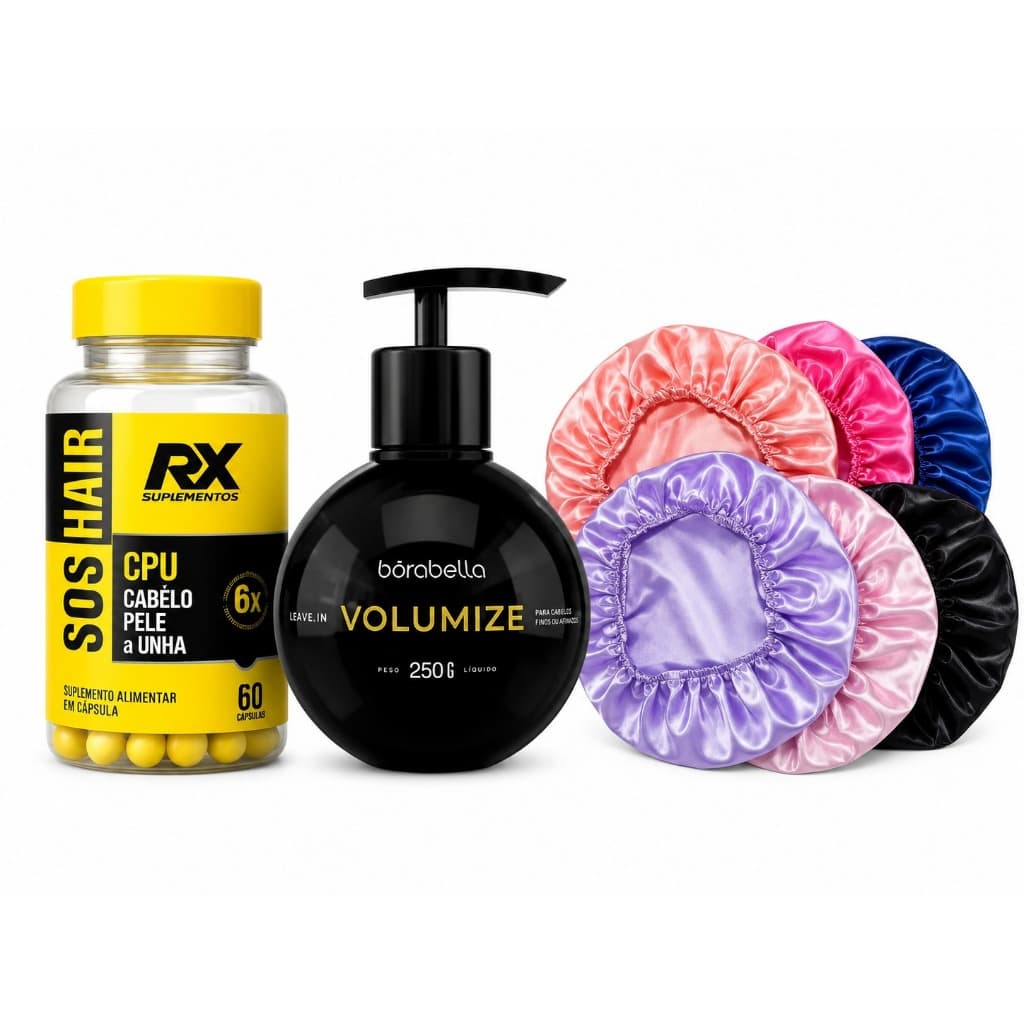 KIT CPU (CABELOS, PELE E UNHA ) 60 CAPSULAS RX  + VOLUMIZE 250G BORABELLA + TOUCA DE CETIM