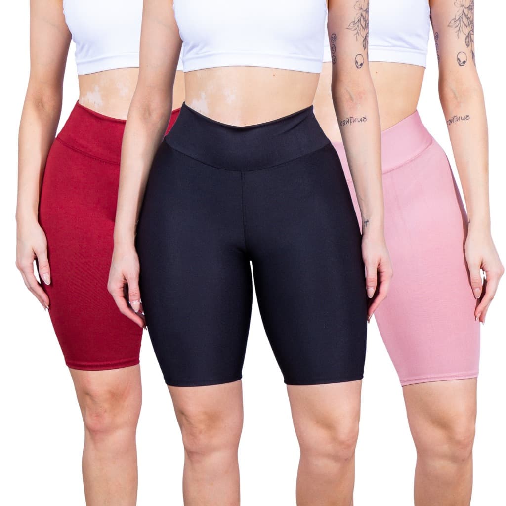 Kit 3 Bermuda Suplex Feminina Cintura Alta Academia Fitness Confortável Treino Casual