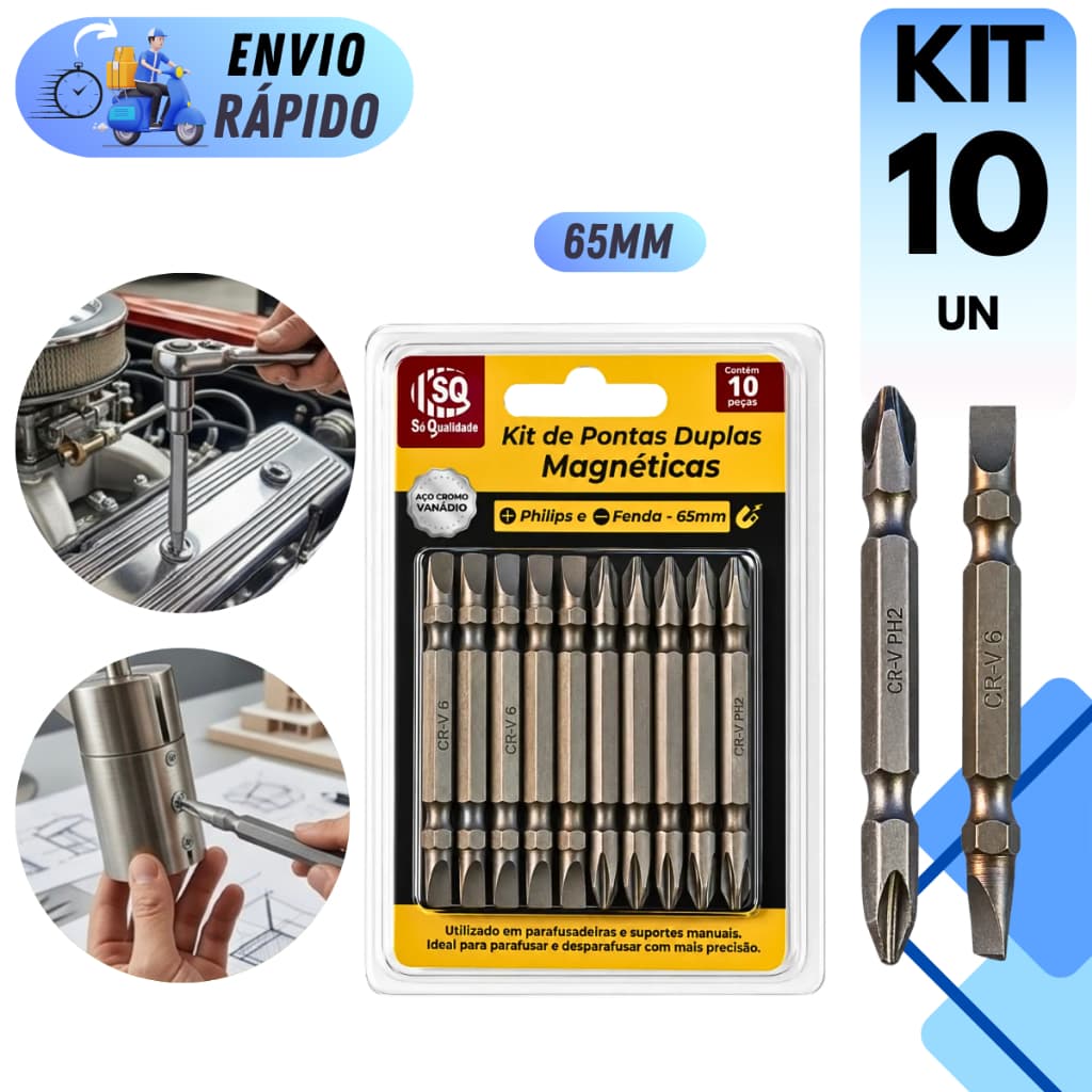 KIT PONTEIRAS PARA BROCAS PARAFUSADEIRA 65mm MAGNÉTICO FENDA E PHILIPES DE PONTA DUPLA