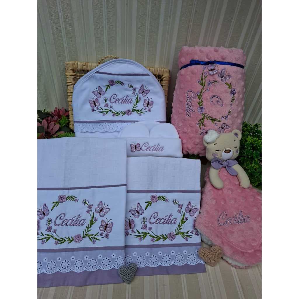 Kit Enxoval maternidade 7 un Manta, Naninha ursa toalha fralda  capuz ombro,  boca, touca, luvas personalizada bordada