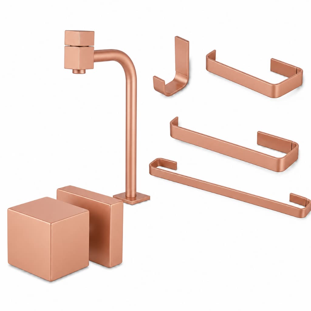 KIT COMPLETO PARA BANHEIRO LUXO TORNEIRA CUBA ROSE GOLD TODA EM METAL + KIT 4 PEÇAS + ACABAMENTO QUADRADO TODO EM METAL