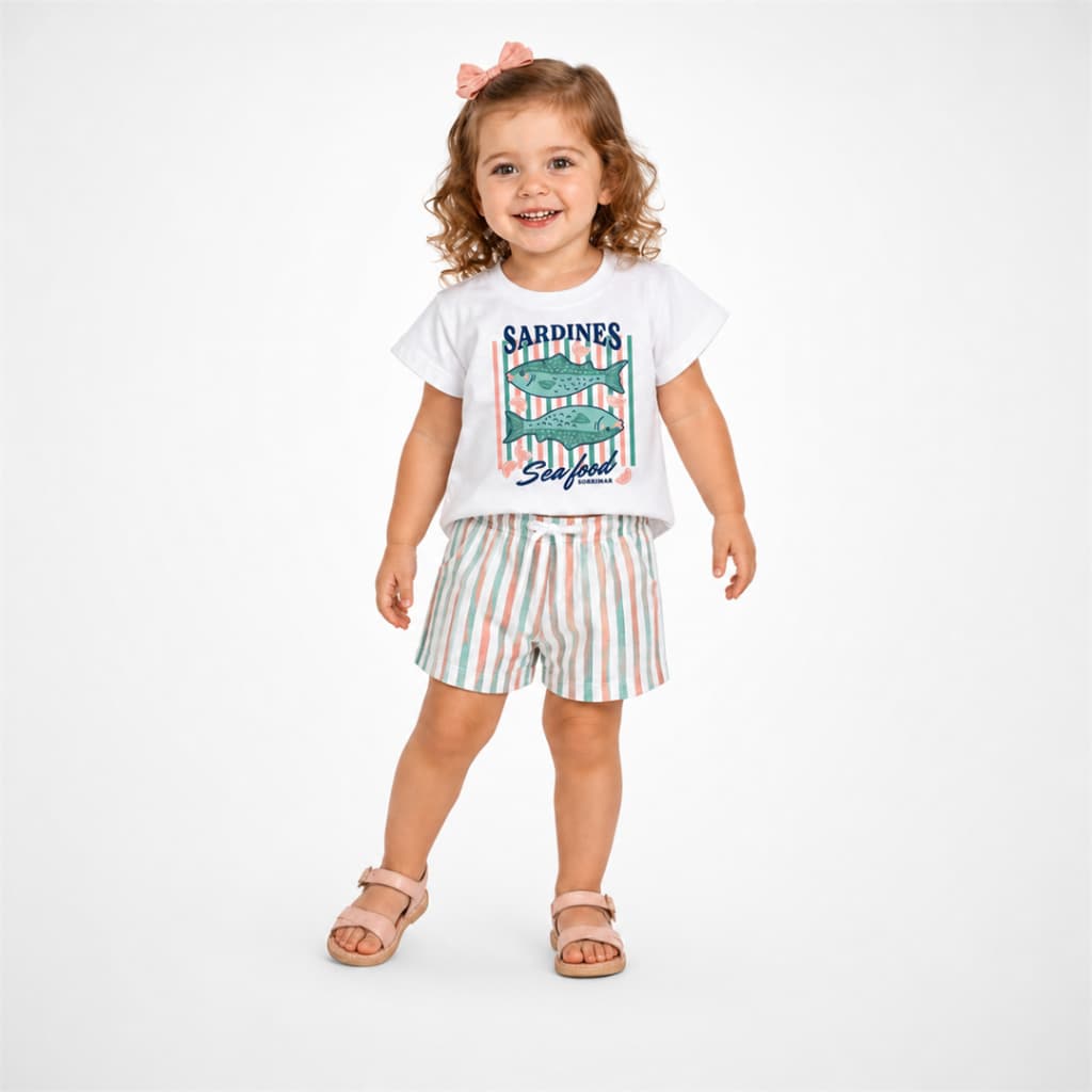 Conjunto Infantil Menina Blusa com Peixe e Shorts Listrado Roupa Feminina Tam 1 2 3 Confortável