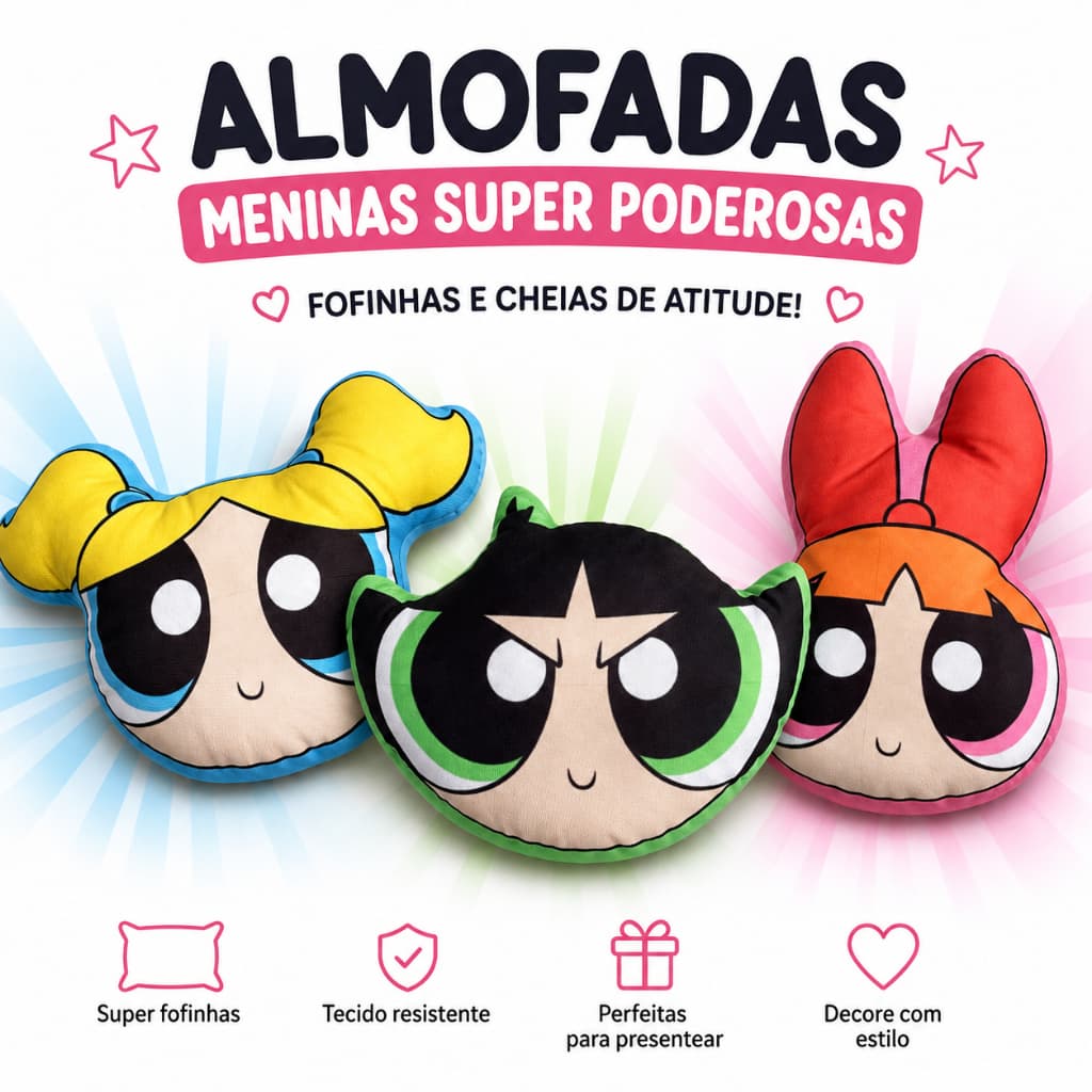 Almofada 3D Meninas Super Poderosas com Contorno  – Super Fofa, Macia e Decorativa