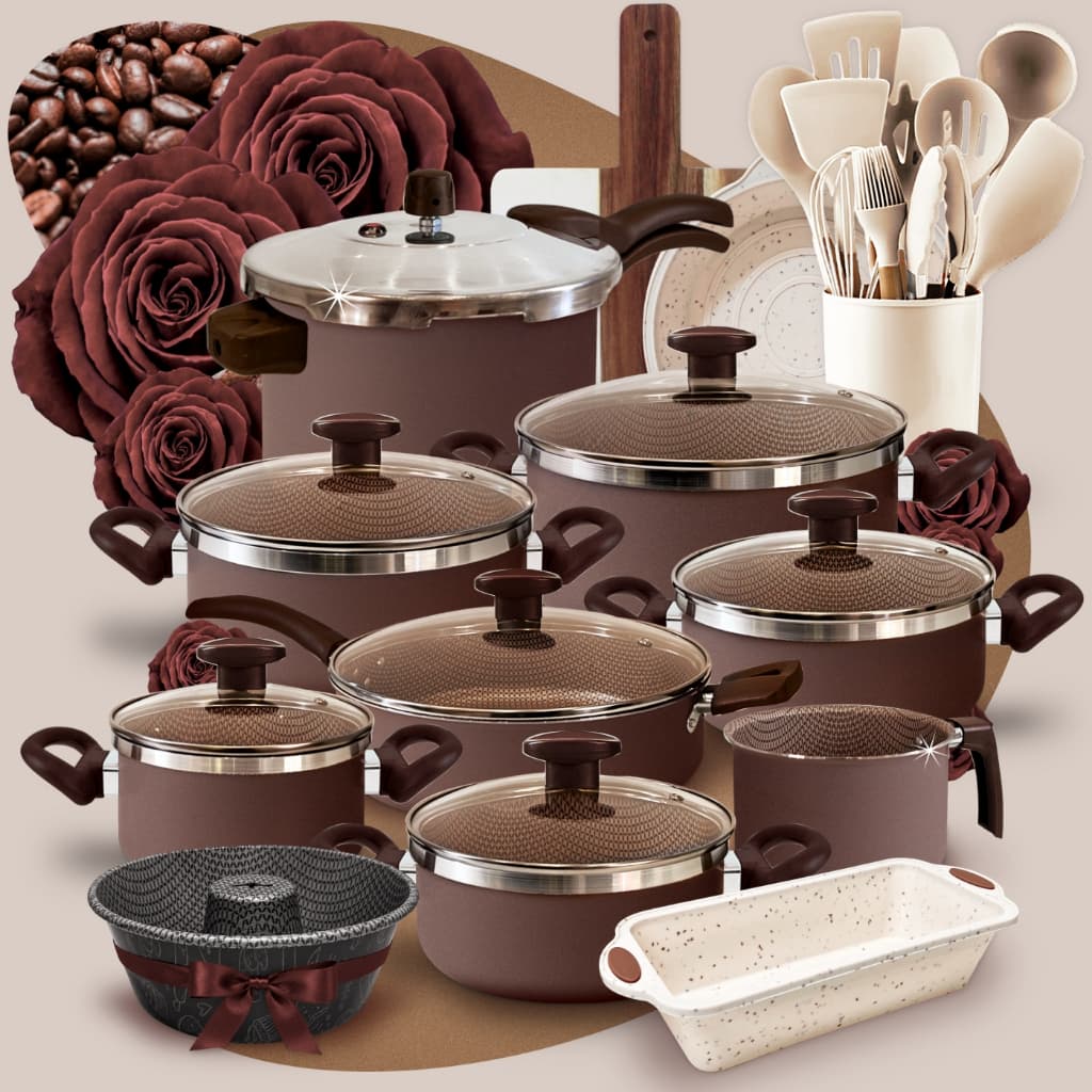 Conjunto De Panelas Mocha Mousse Antiaderente Fortes & Grossas + Pressão 4,5l + Frigideira + Tábua 24p