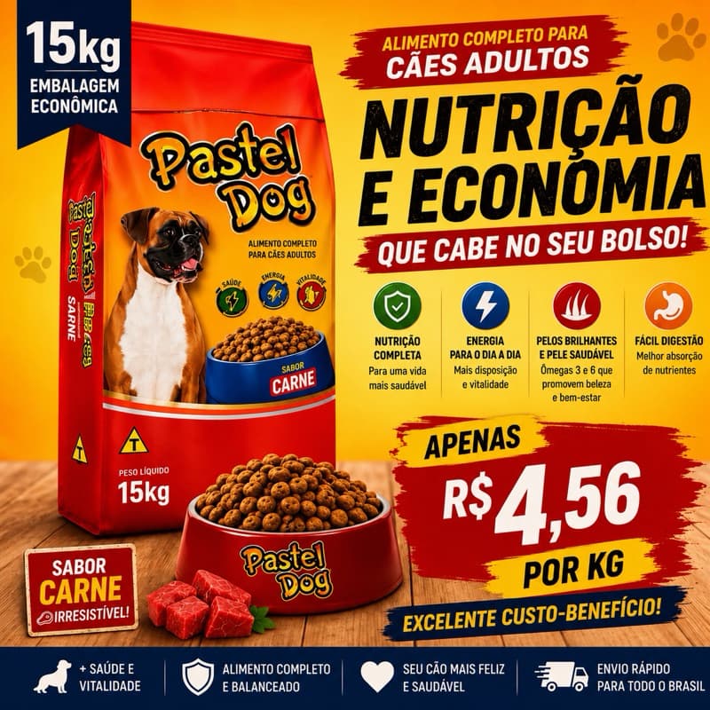 Ração Para Cachorro Adulto 15kg Pastel Dog Sabor Carne | Alimento Completo Para Cães Adultos | Econômica e Nutritiva