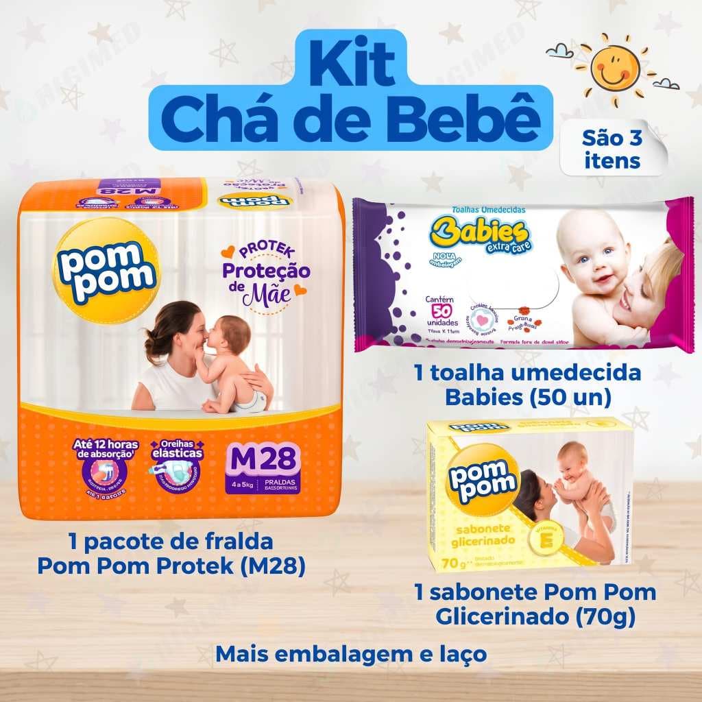 Kit pronto Chá de bebê Pompom Protek + Toalhinha + Sabonete, com laço dourado e embalagem.