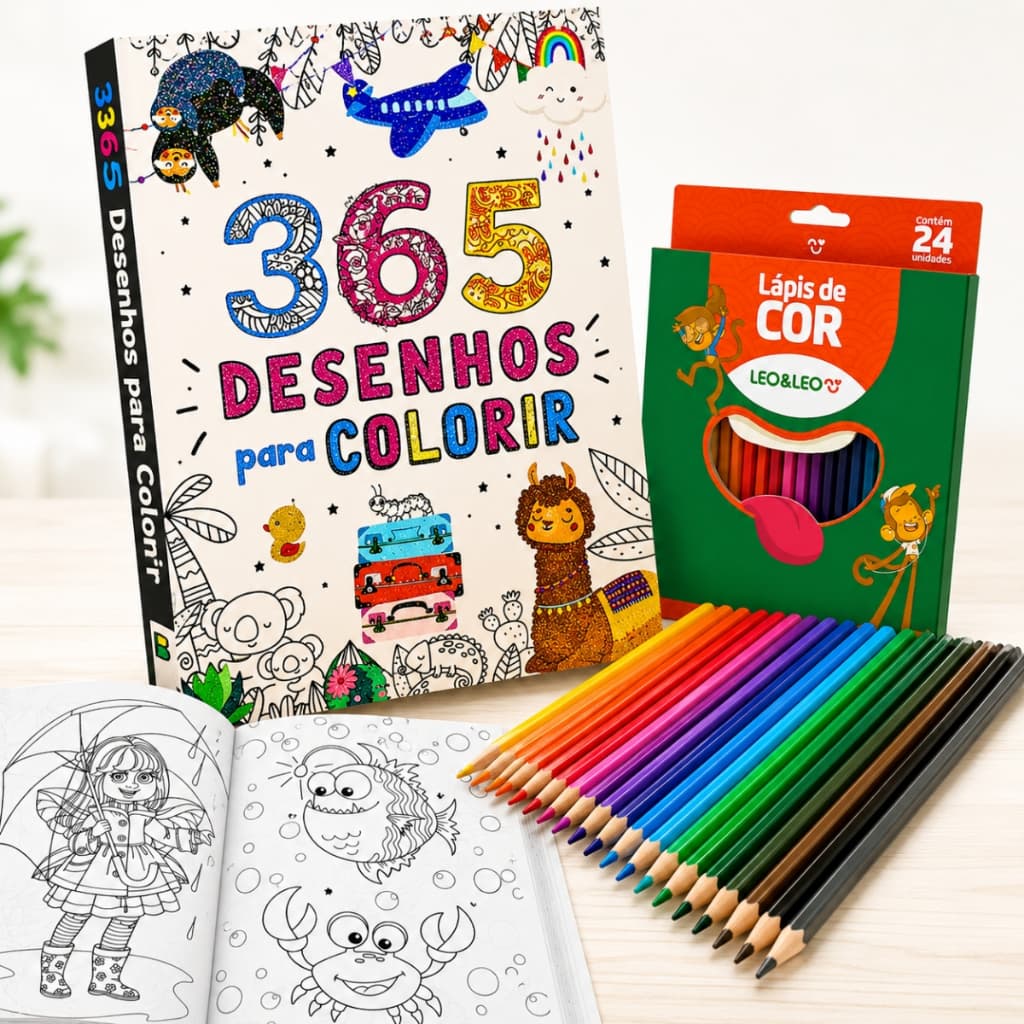 Kit Livro 365 Desenhos + Caixa Com 24 Lápis De Cor Brinquedo