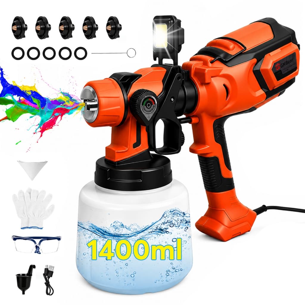Pistola de Pintura Pulverizadora HVLP Elétrica,Pistola Elétrica Para Pintura,850W 1400ml 6 Bicos e Acessórios com Led