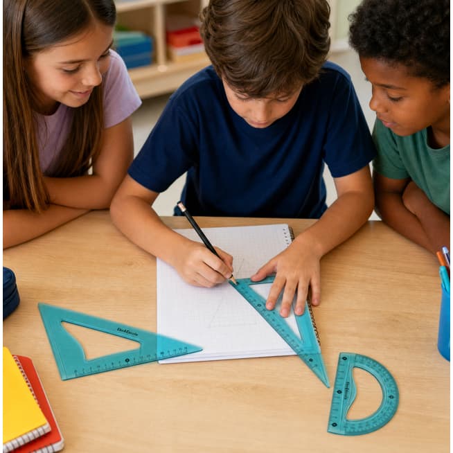 Kit Geometria Escolar 3 Peças Esquadros e Transferidor Material Escolar Matemática Papelaria