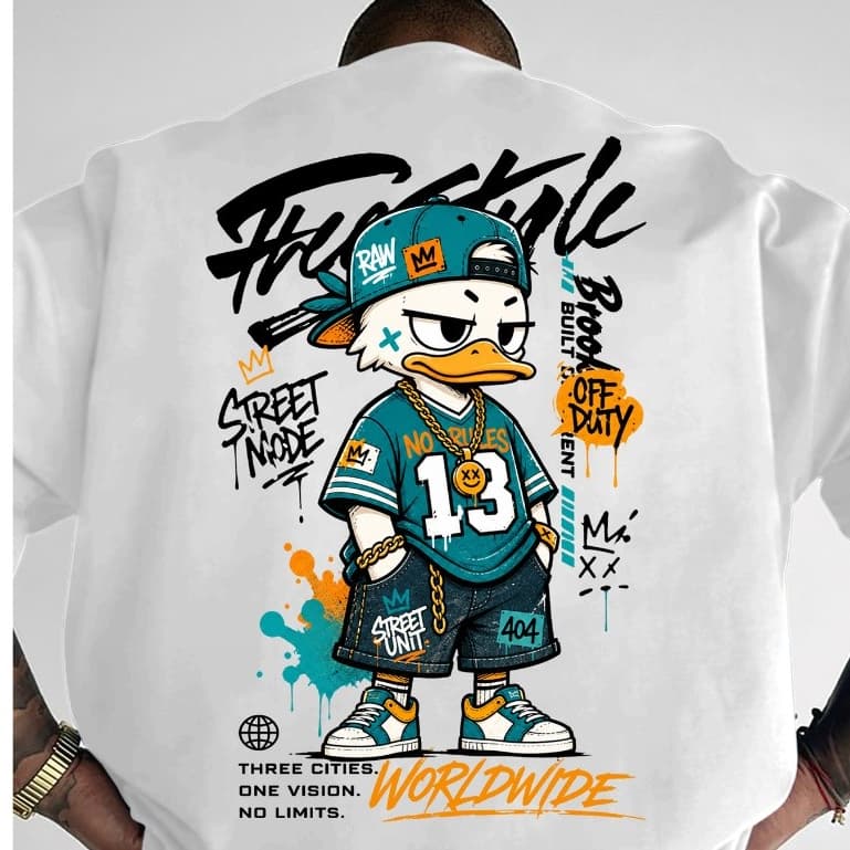 T-shirt de Manga Curta e Gola Redonda para Homem, Top da Moda e Fresco com Estampado de Pato e Manchas a Combinar