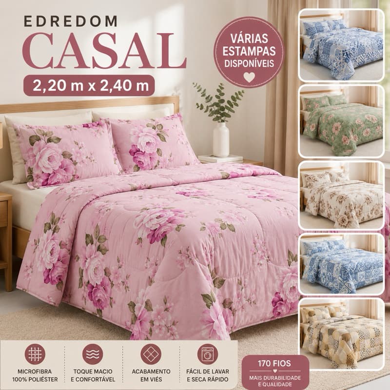 Edredom Cobre-Leito Casal 2,20x2,40m 170 Fios Toque Macio Estampas Variadas