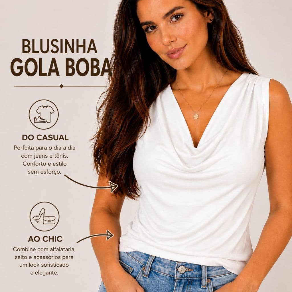 Blusinha Feminina Gola Boba Suplex Sem Manga Drapeada Elegante Casual Confortável e Moderna