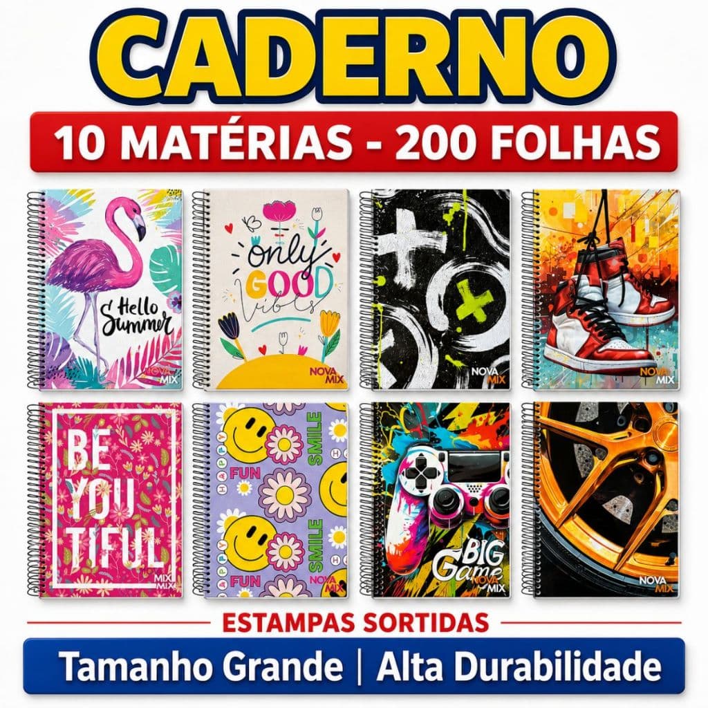 Caderno 10 Materias 200 Folhas Universitário Capa Dura Espiral Feminino e Masculino para Escola Faculdade Volta às Aulas