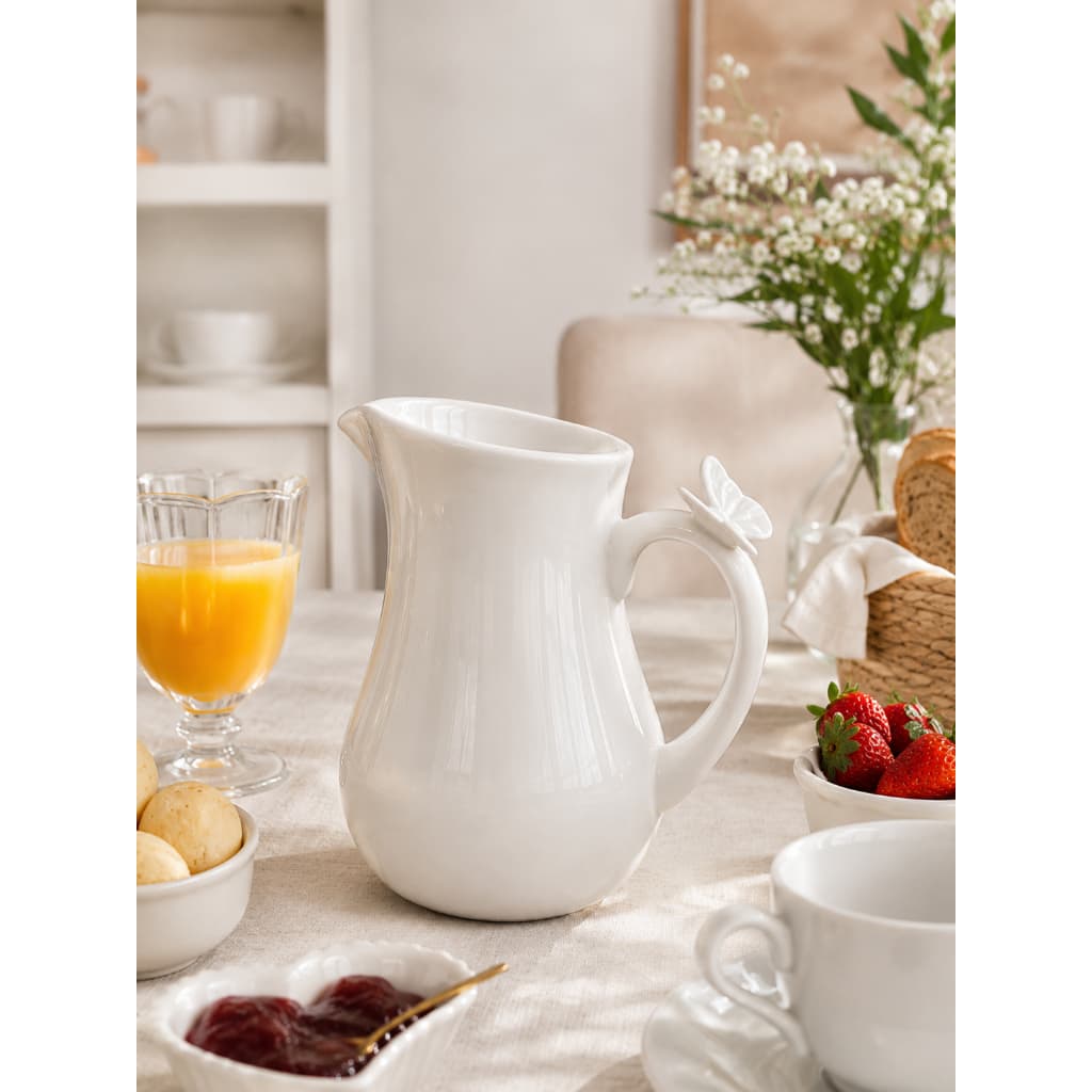 Jarra de Porcelana Branca 1,5L com Borboleta – Jarra para Água, Suco e Mesa Posta