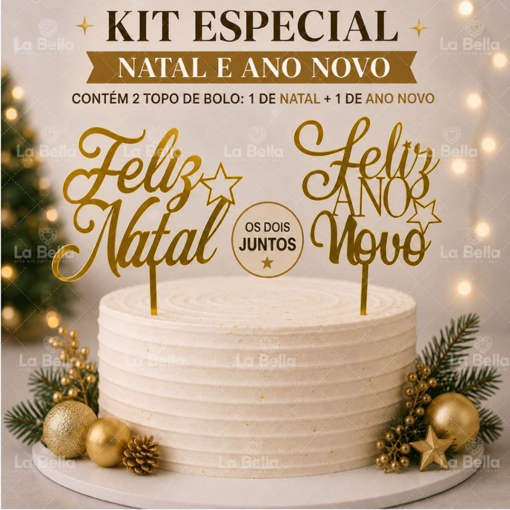 Kit Topo de Bolo Natal e Ano Novo 2 Peças Feliz Natal Feliz Ano Novo