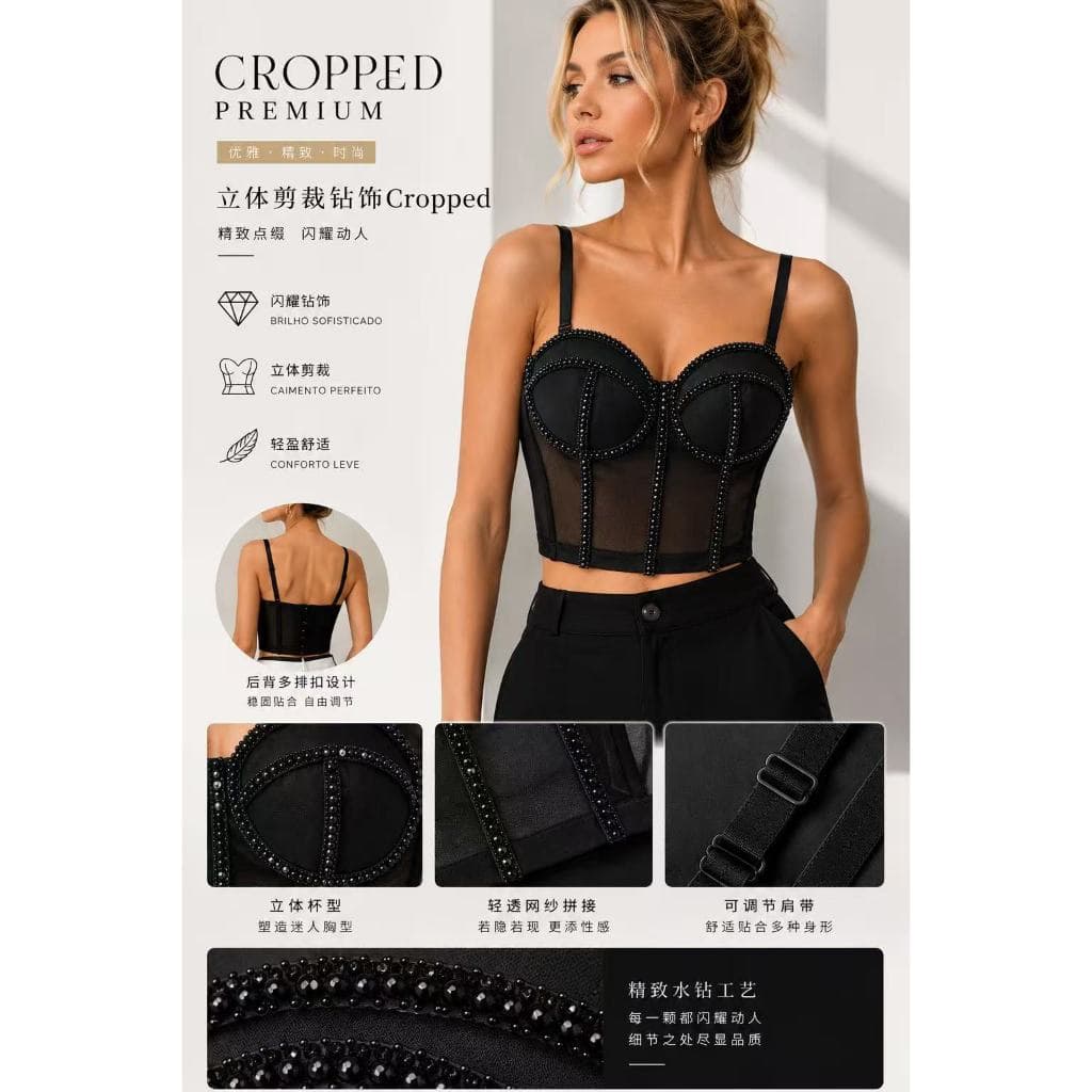 Cropped Corset Feminino com Strass Alça Fina e Tule Transparente Top Festa Elegante