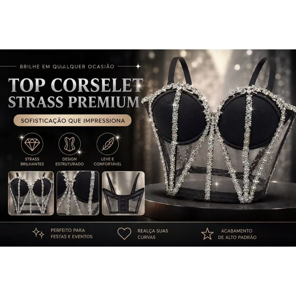 Cropped Feminino Corselet com Strass e Tule Transparente Alça Ajustável Top Festa Elegante