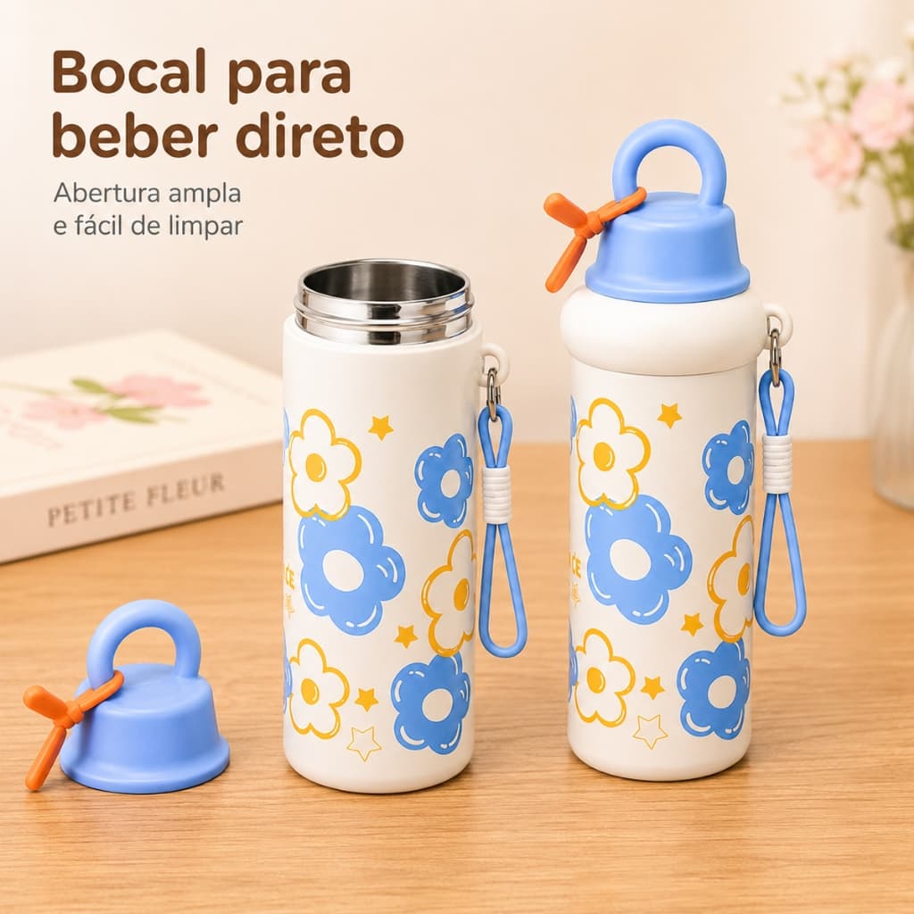 Eletromex Copo Térmico 650ml Grande Capacidade Estampa 3D Fofa 2 Formas de Beber Alça e Cordão Anti‑vazamento
