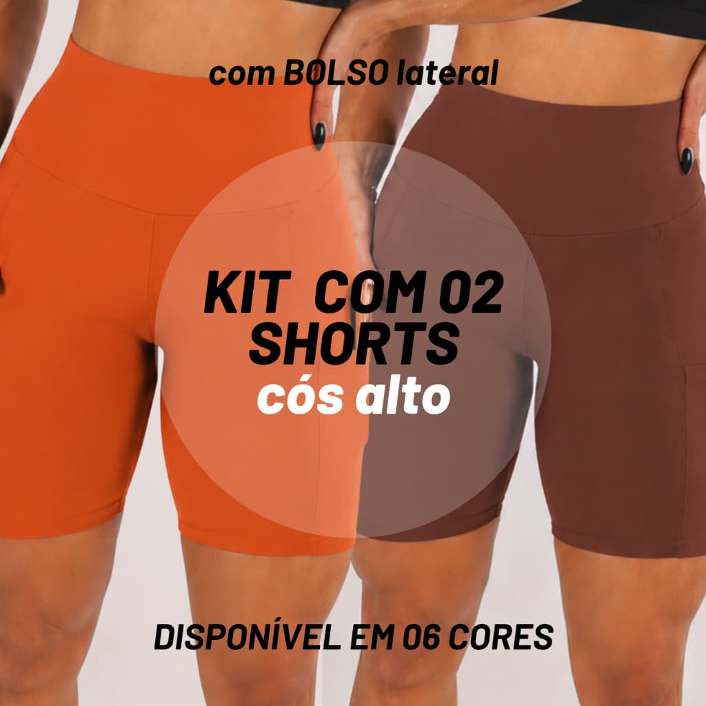 Kit 2 Shorts Feminino Fitness Suplex Cintura Alta Compressão com Bolso Academia Treino Plus Size