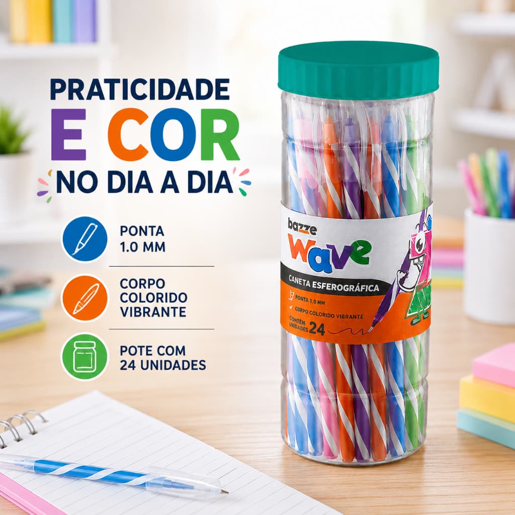 Kit 24 Canetas Esferográficas Bazze Wave 1.0mm 6 Cores Coloridas Escolar Escritório Escrita Média Material Escolar Papel
