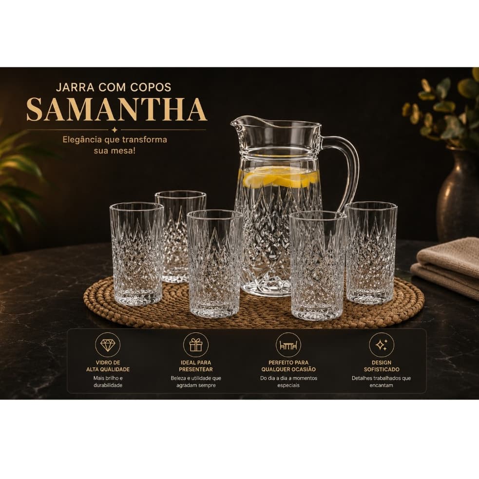 Jogo de Jarra com 6 Copos Samantha em Vidro, Jarra 1 Litro Mais Copos 250 ml, Kit7 Peças para Suco