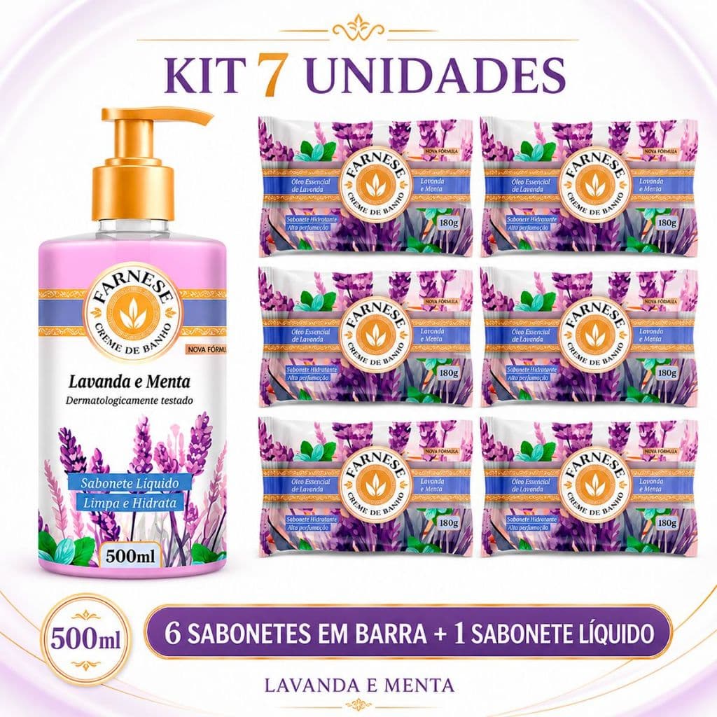 Kit 07 Sabonetes Farnese Essencial Lavanda e menta 6 Sabonetes em barra180gr e 1 Liquido 500ml