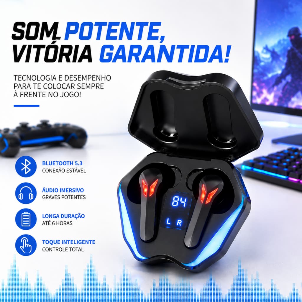 Kit 4 Fones Bluetooth Gamer TWS Sem Fio com Case Display LED e Entrada USB-C para Celular Tablet Música e Jogos