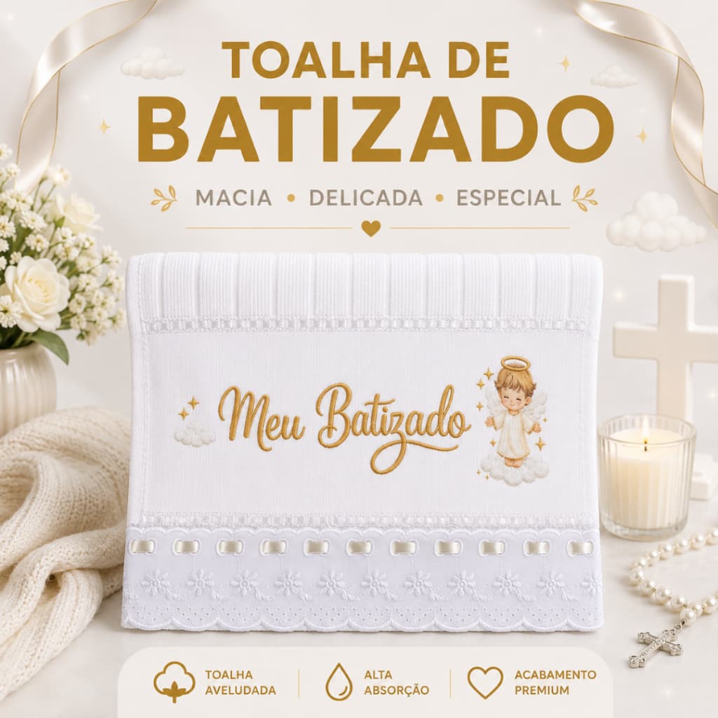 Toalha para Batizado Bebê Premium Toque Aveludado Delicada Super Absorvente Meu Batizado