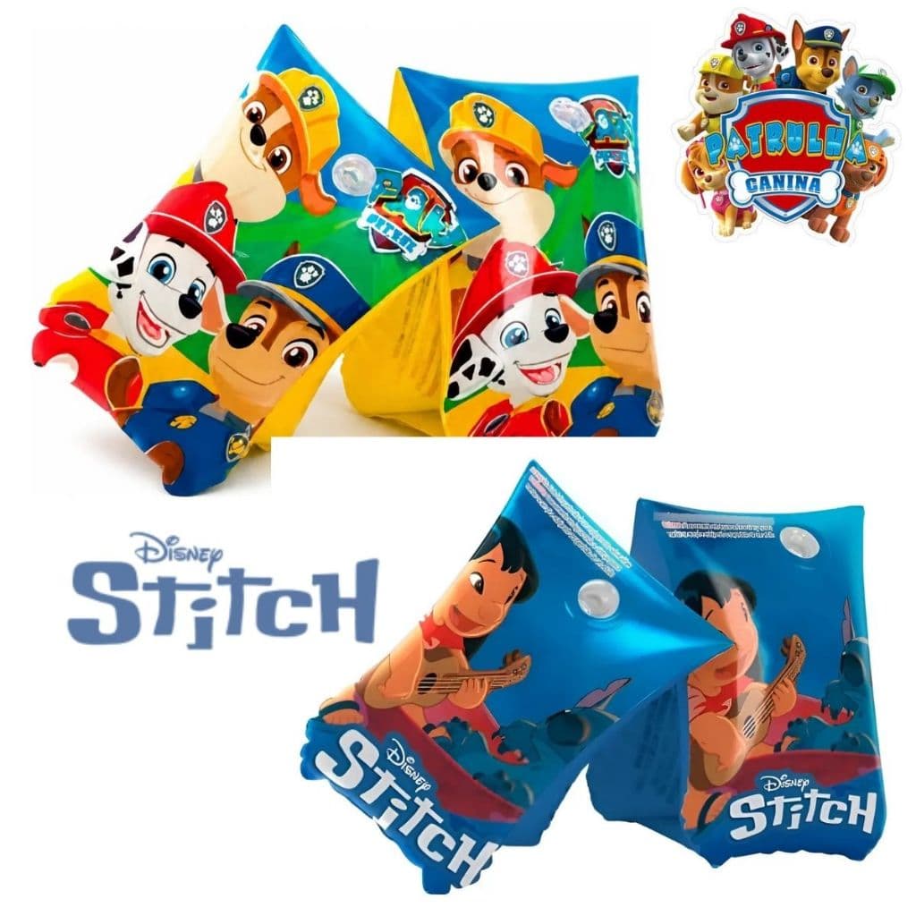 Boia de Braço Inflável Infantil Bebê Stitch Disney Patrulha Canina Menino Piscina Férias Diversão Verão Praia