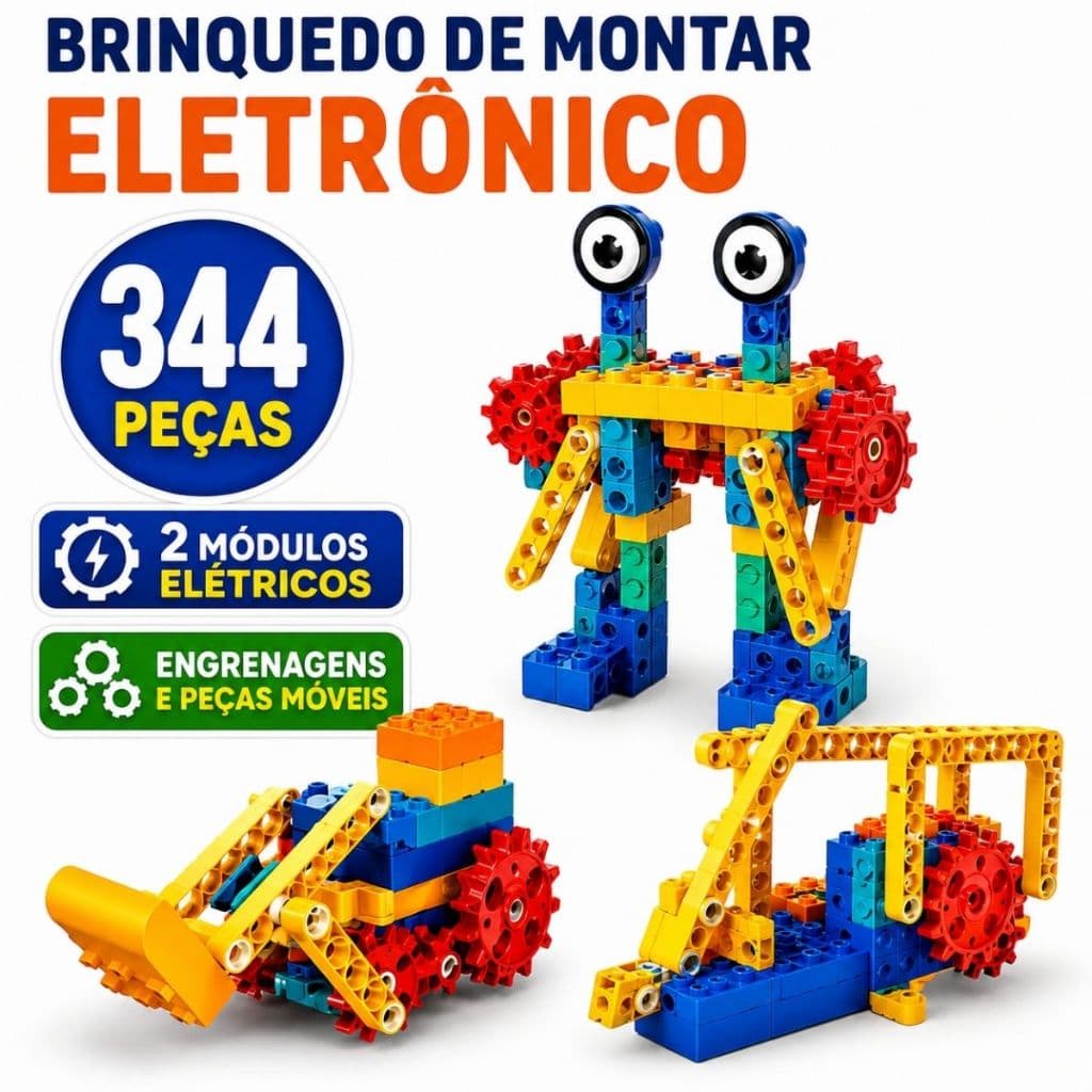 Kit Montagem Educacional Infantil 344 Peças Blocos de Montar com Motor Engrenagens Brinquedo STEM 3+