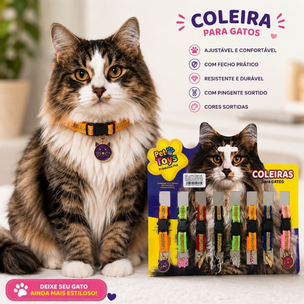 Coleira Unitária Pet Gatos Elástica Ajustável Fecho Prático Pingente Cores Sortidas Confortável e Leve