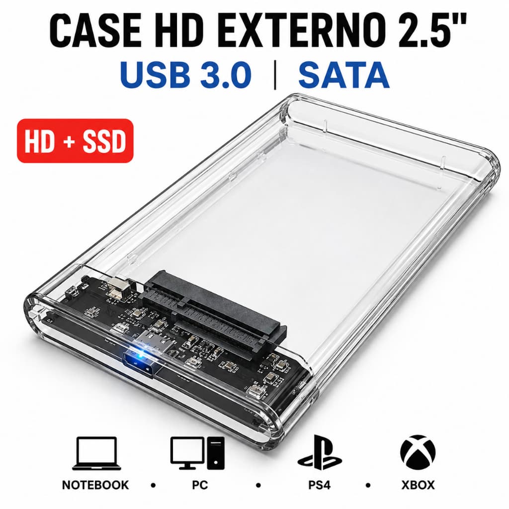 Case HD Externo 2.5 USB 3.0 SATA para HD SSD Notebook PC PS4 Xbox Transparente 6Gbps