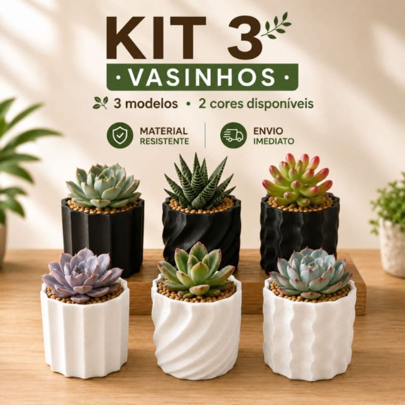 kit com 3 vasinhos para suculenta e cactos decoração