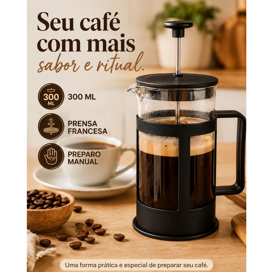Cafeteira Francesa 300ml Prensa Francesa Manual para Café Chá com Êmbolo e Recipiente Transparente