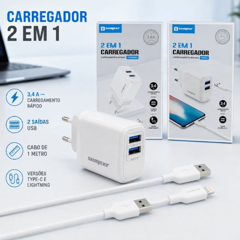 Carregador de Parede Sumexr 3,4A com 2 Portas USB + Cabo de 1 Metro Type-C ou Lightning