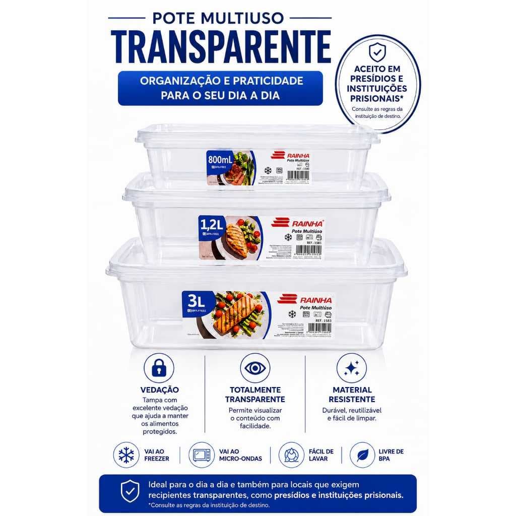 Potes Multiuso Transparente 800 Ml, 1,2 LTS, 3 LTS Rainha REF: 1580, 1581 , 1583
