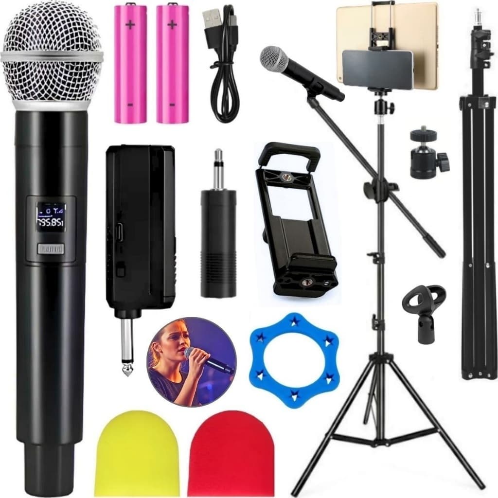 Kit Microfone Profissional Sem Fio Tripé Pedestal Braço Tipo Girafa Com Suporte Tablet e Celular