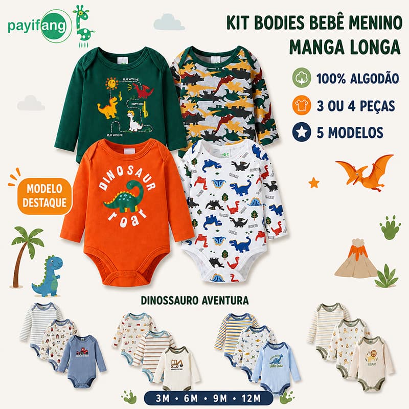 Kit Body Bebe Menino 3 ou 4 Peças Manga Longa 100% Algodão Roupa de Bebê Menino