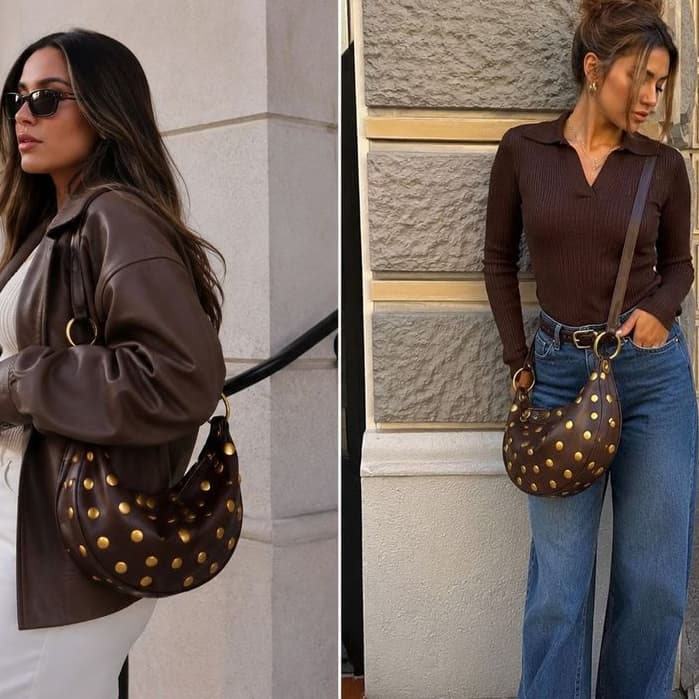 Bolsa Meia Lua Feminina Premium com Tachas Douradas novidade