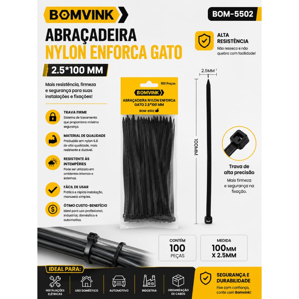 100 Unidades Abraçadeira de Nylon Enforca Gato 2.5*100mm