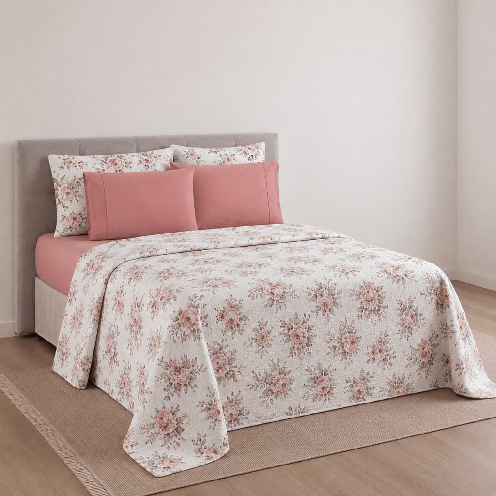 Kit Cobre Leito Queen Piquet Luxo 100% Algodão Estampada 6 Peças
