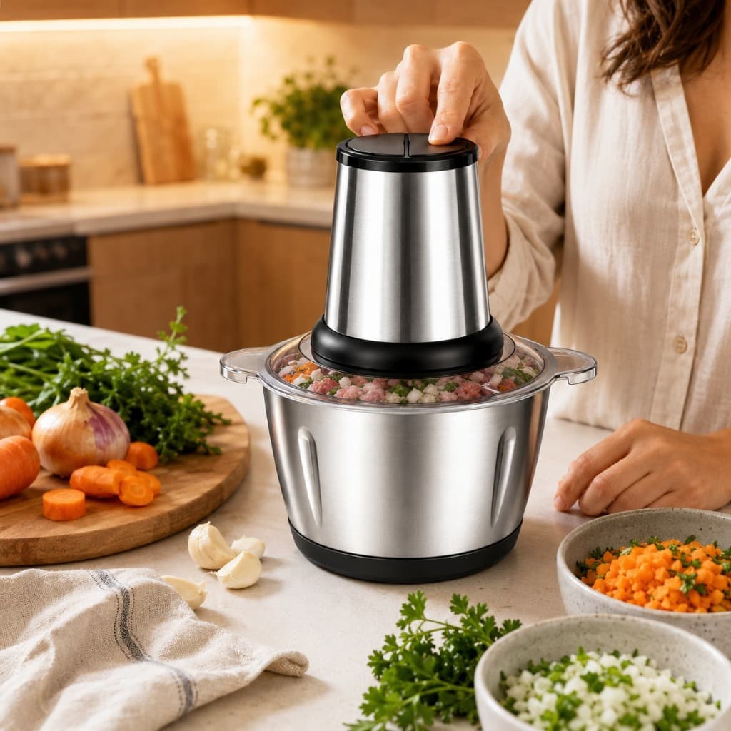 Processador Triturador de Alimentos Elétrico 2L Inox Moedor de Carne Legumes Alho Cebola Temperos 2 Velocidades 400W