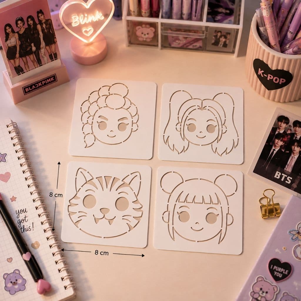 Kit 4 Estêncil K-Pop para Pintura e Artesanato Moldes de Rosto 8x8cm Decoração Personalizada Stencil