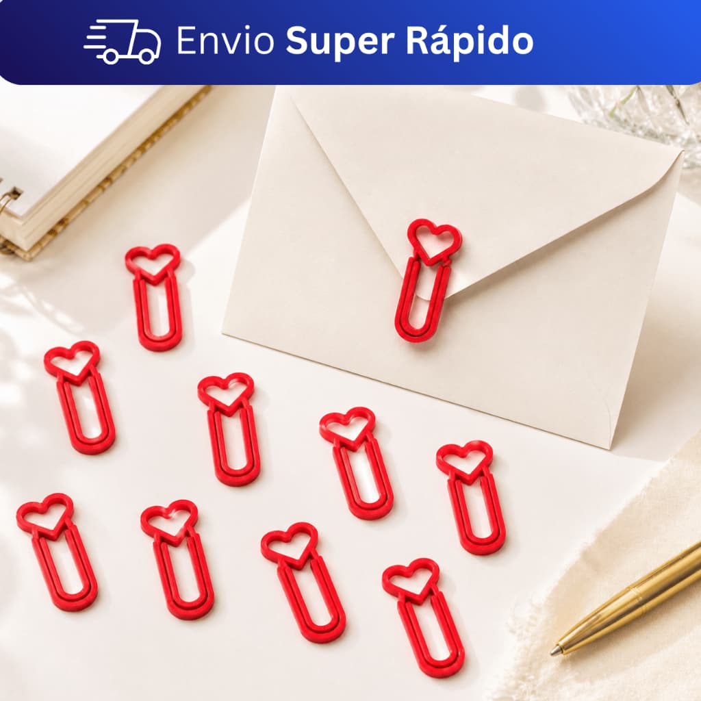 Kit 10 Clipes de Coração para Papel Envelope Marcador Decorativo Vermelho Em Plástico